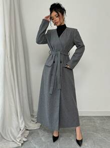 Elenzga Women's Solid Color V-Neck Double-Breasted Overcoat With Belt, Autumn/Winter - Grey - View 4
