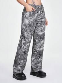 ROMWE Grunge Punk Celana Jeans Longgar Pinggang Rendah Motif Leopard Gaya Punk Vintage dengan Efek Usang - Dark Grey - View 3