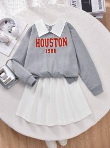 SHEIN 2 件女童字母刺绣运动衫和白色休闲迷你裙套装，适合秋冬季 - 灰色 - 查看 3