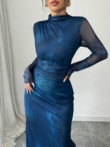 Selianne Đầm Maxi Thiết Kế Mới Thu/Đông Cho Nữ Cổ Đứng Tay Dài Xếp Ly Eo Thon Gọn Vải Lưới Nhuộm Màu Vẽ Tranh In Hình - Màu xanh lam - Xem 6