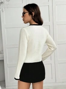 SHEIN EZwear Color-Block Hem Tie Banded Cropped Cardigan, Casual For Autumn/Winter - Black and White - View 2