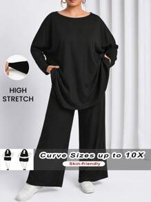 SHEIN CURVE+ Curve Plus Size Women 2Pcs Outfit: Batwing Sleeve Solid Color T-Shirt And Pants, Comfortable Casual  For Autumn/Winter
