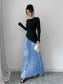 Elenzga Women's Autumn Round Neck Long Sleeve Color Block Pleated Hem Elegant Dress Maxi Women Outfit - Blue - View 3