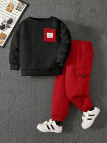 SHEIN 2pcs/Set Young Boy Casual Cute Colorblock Round Neck Pullover Sweatshirt + Fitted Waist Pants Knit Set, Suitable For School, Garden, Beach, Birthday, All Season (Spring, Summer, Fall, Winter), Fleece Thickened