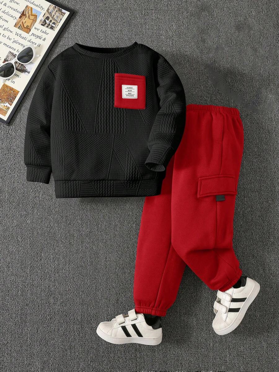 SHEIN 2pcs/Set Young Boy Casual Cute Colorblock Round Neck Pullover Sweatshirt + Fitted Waist Pants Knit Set, Suitable For School, Garden, Beach, Birthday, All Season (Spring, Summer, Fall, Winter), Fleece Thickened