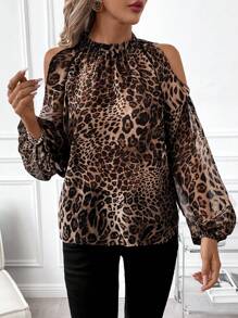 Reflora 大码女式秋季衬衫，优雅休闲豹纹长袖露肩半透明衬衫，适合办公室通勤，女士教师服装，女士办公室服装，女士教师服装，女士机场服装，冬装，大码女装，外出服装，秋装，长袖衬衫，女士衬衫，女士衬衫，教师衬衫，可爱衬衫，长袖衬衫，趣味衬衫，女士秋季服装 - 彩色 - 查看 3