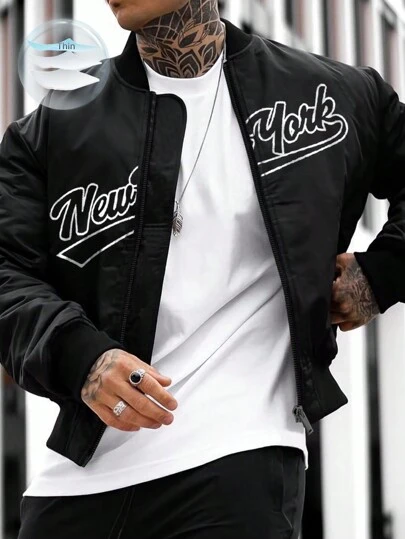 Manfinity Homme 男士字母印花拉链前棒球领户外风衣外套，外出黑色字母长袖轻便夹克，适合朋友、丈夫、男朋友的礼物，秋季