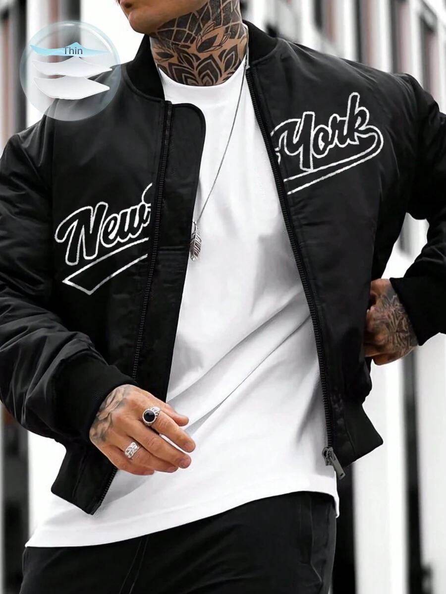 Manfinity Homme 男士字母印花拉链前棒球领户外风衣外套，外出黑色字母长袖轻便夹克，适合朋友、丈夫、男朋友的礼物，秋季 - 黑色 - 查看 1