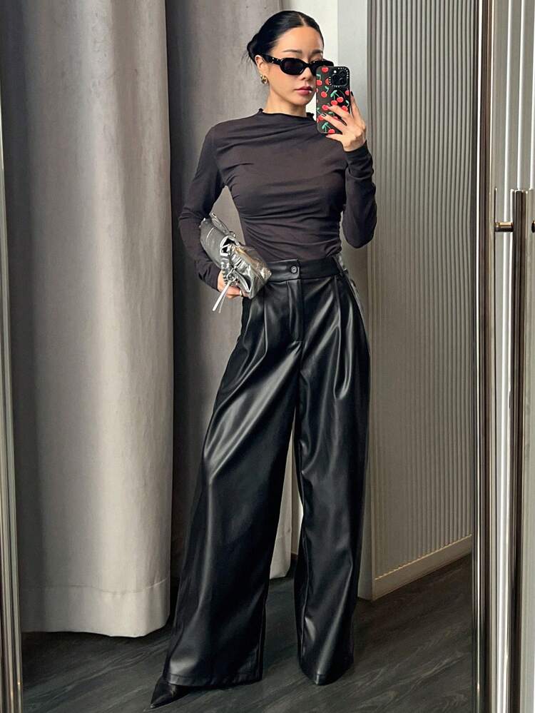 Women's Solid Color PU Pinched Pleated Wide Leg Pants, Autumn/Winter