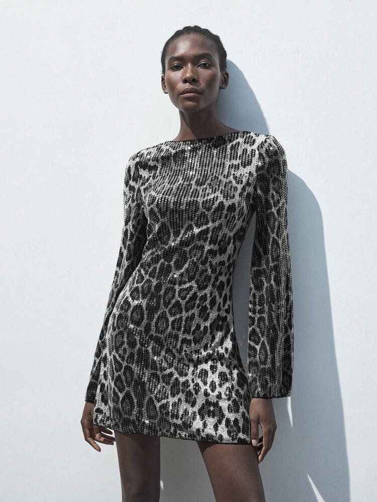 SHEIN Maija 여성용 우아한 시퀸 표범 무늬 긴팔 허리 원피스, 학교 복귀, 파티, 휴가, 도시 여행, 가을/겨울에 적합