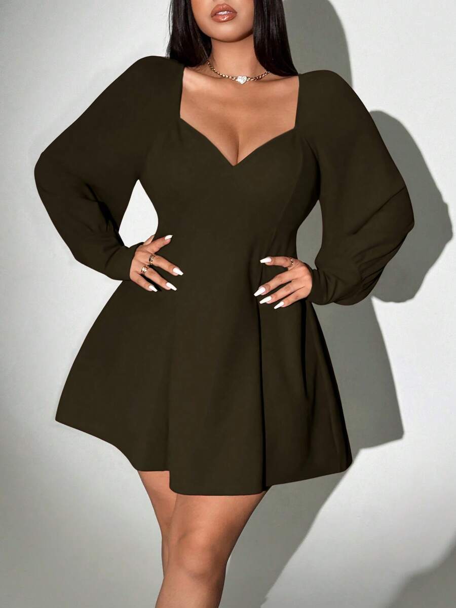 Viva Relle Gaun Kerah Bentuk Hati Polos Elegan Ukuran Plus untuk Musim Gugur - Dark Green - View 1