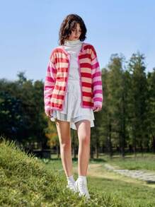 Skyraze Women's Red & Pink Striped Cardigan,Geometric Pattern - Hot Pink - View 3