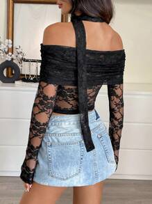 SHEIN EZwear Women's Solid Color Lace Splice Off-Shoulder See-Through Long Sleeve Blouse - Black - View 2