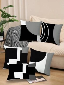 4pcs Black White Geometric Print Polyester Pillow Cover Cushion Cover Room Decoration Bedroom Decoration Sofa Decoration Pillow Core-Not Included,Fall Decor,Autumn Decor,Room Decor - Black and White - View 7