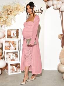 Loomaby 2pcs/Set Maternity Solid Long Sleeve Casual Jacket & Dress Set