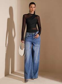 Women's Asymmetrical Long-Sleeved Transparent Bodysuit With Drawstring, Suitable For Cocktail Parties,  Dates, Autumn/Winter Base Layer, Parties, Formal Events, Nights Out, Halloween, Christmas - màu đen - Xem 5