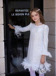 SHEIN Tween Girls Christmas Elegant And Feather Sequin Long Sleeve Dress, Perfect For Parties And Suitable For Fall, Spring, And Winter,White Dress,Party Dress