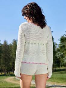 Skyraze Women Colorblock Long Sleeve White Cardigan