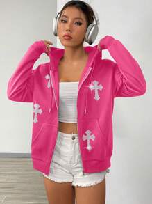 Cross Print Drop Shoulder Drawstring Zip-Up Hoodie - Hot Pink - View 6