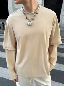 Manfinity VCAY Camiseta de manga larga casual y holgada de punto para hombre, uso diario de moda para jóvenes
