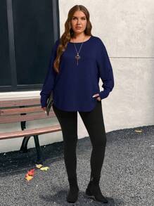 EMERY ROSE Plus Size Women's Casual Simple Fashion Purple T-Shirt, Suitable For Daily Wear In Autumn Fall - Navy Blue - View 5