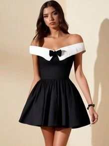 Glamine Spring And Autumn Off-The-Shoulder Ruffle Hem Mini Dress, Black And White Colorblock, Sweet Princess Style, Suitable For Parties, Dates, Family Gatherings, Christmas And Valentine's Day