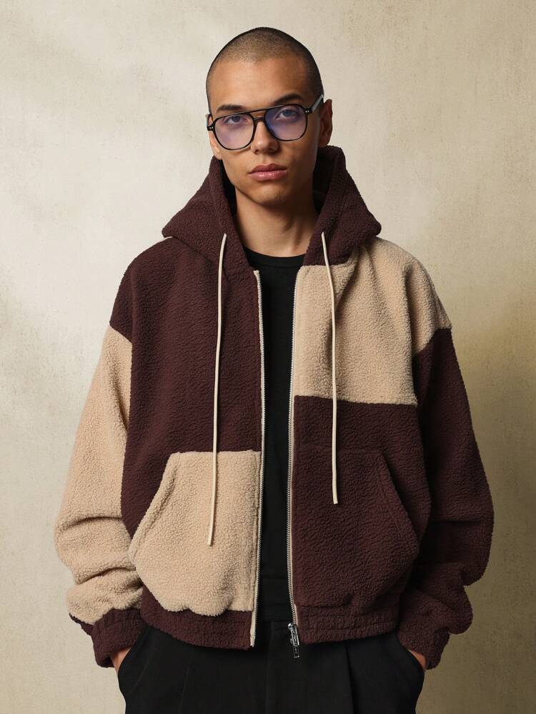 Oversize-Sherpa-Teddy-Fleece-Kapuzenpullover mit Farbblock