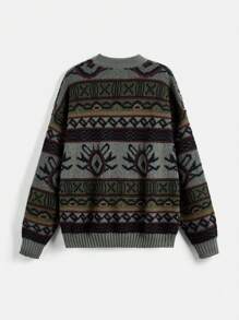 ROMWE Fairycore Women Casual Geometric Pattern Round Neck Drop Shoulder Pullover Sweater, Autumn/Winter - Multicolor - View 2