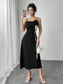 Firerie Women's Spaghetti Strap Floral Decor Split Hem Casual Black Elegant Dress