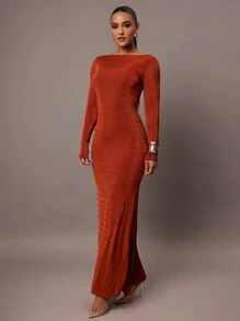 Silquee Women's Autumn And Winter Long Sleeve Simple Daily Date Elegant Party Solid Color High Quality Chestnut Brown Glitter Stretch Knit Women's Midi Dress Sexy Backless, Long Dress Suitable For Cocktail Party, Romantic Date Party, Formal Party, Wedding, Bridesmaid Dress, Evening Dress, Halloween Dress , Christmas Holiday Dress, Super Photogenic