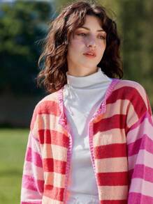 Skyraze Women's Red & Pink Striped Cardigan,Geometric Pattern - Hot Pink - View 5