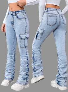 SHEIN Teenager Mädchen Y2K angesagte stonewashed weit geschnittene Jeans mit Falten und Klapptasche, gestapelte Jeans