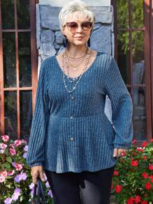 EMERY ROSE T-shirt à manches longues avec boutons à l'avant et encolure en V, style casual, tailles grandes. Vêtements d'hiver pour femmes, vêtements élégants pour femmes - Bleu azur - Voir 4