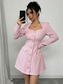 Elenzga 女式前扣长袖口袋休闲短裙 - 粉色 - 查看 2