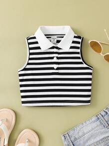 Young Girl Knit Stripe Polo Neck Fitted Casual Cropped Tank Top - Black and White - View 1