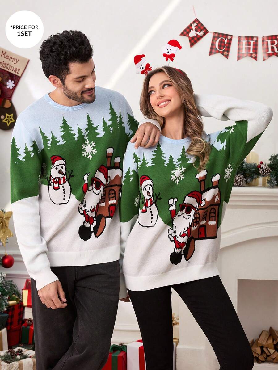Manfinity Homme Men's Christmas Forest Cabin Snowman Pattern Sweater - Green - View 1