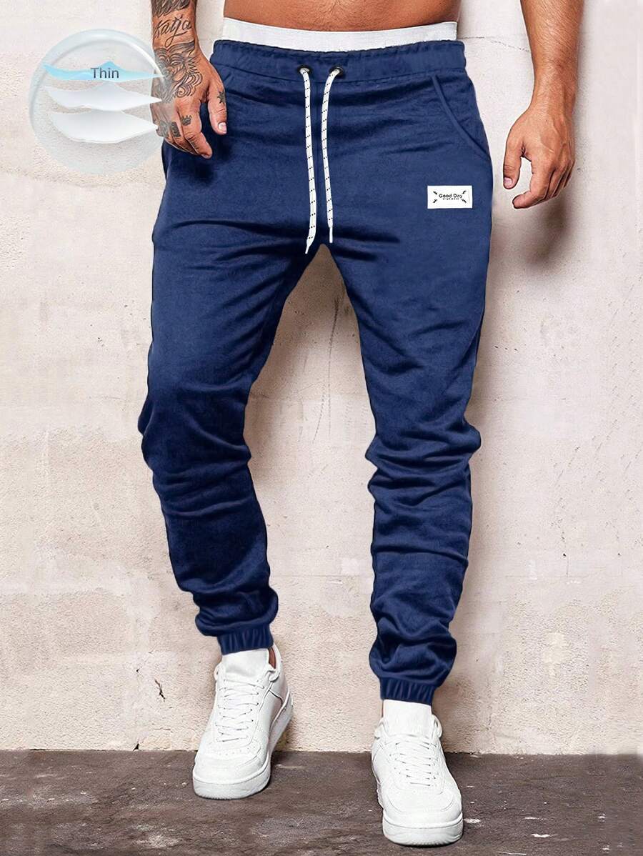 Manfinity Homme Men Letter Patched Drawstring Waist Sweatpants - Navy Blue - View 1
