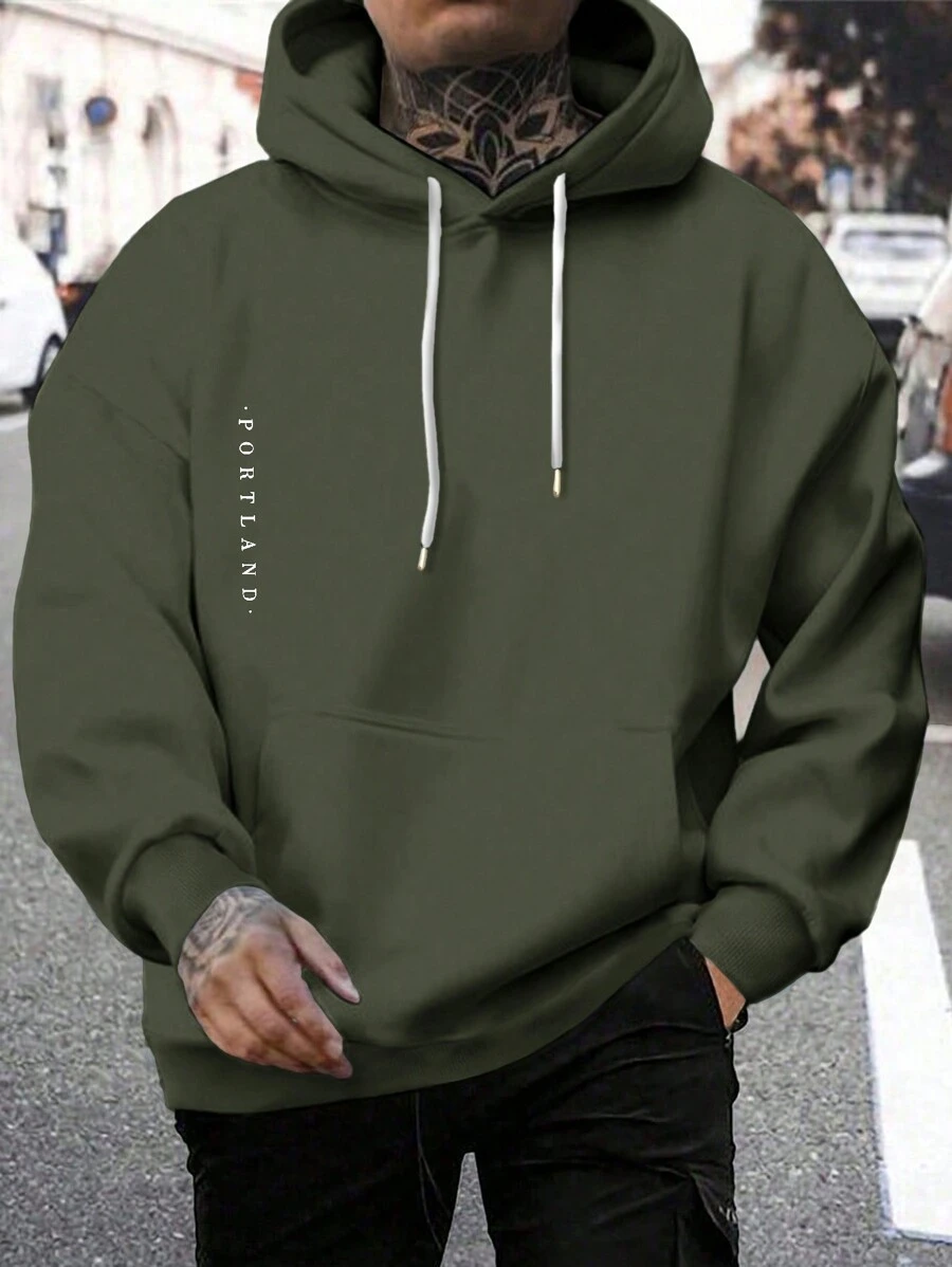 EURMUSE Cotton Men Letter Printed Regular Hoodie Sweatshirt - Dark Green - View 1