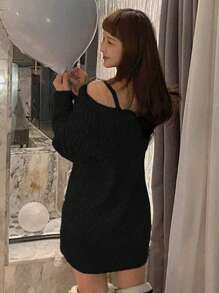 DAZY Women Off Shoulder Knit Slip-On Dress,Fall Clothes Women Sweater Dresses - Black - View 2