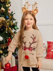 SHEIN Young Girl Knit Solid Color Fluffy Deer Pattern Loose Fit Crew Neck Casual Sweatshirt, For Christmas,In Fall/Winter - Apricot - View 3