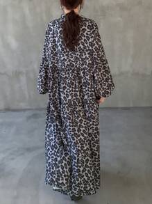 FRIFUL 女式前扣长袖休闲豹纹长裙 - 深灰色 - 查看 5