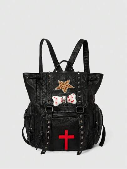 Goth Elaborate Gothic Cross & Star Soft PU Leather Backpack, Large Capacity Street Retro Punk Style Rivet Decoration Backpack, Halloween