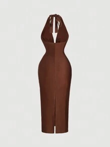 SHEIN MOD Vestido midi con cuello drapeado y ajuste ceñido en color marrón, vestido elegante, vestido formal, vestido para Fin de Año, vestido para vacaciones de Año Nuevo, vestido para fiesta de Año Nuevo, vestido para Baile de Máscaras