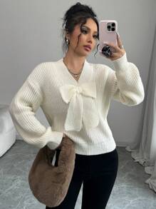 Elenzga Damski top z długim rękawem i kokardą, minimalistyczny design do codziennego noszenia