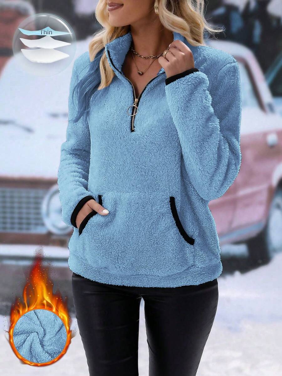 EMERY ROSE Women's Zipper Pocket Plush Pullover Sweatshirt,Winter Coat,Winter Women,Thermal Fall - Blue - View 1