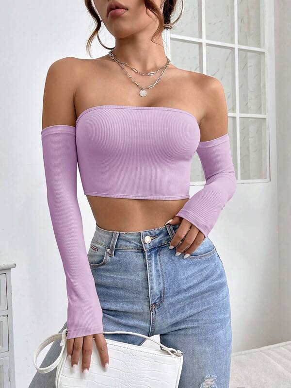 SHEIN PETITE Solid Off Shoulder Crop Off Shoulder Top