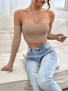 SHEIN PETITE Top corto a spalle scoperte tinta unita, per donne di piccola statura - Moka Marrone - Visualizzare 3