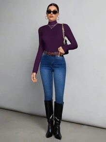 SHEIN Tall Simple Solid Color Slim High Collar White Top Suitable For Autumn And Winter