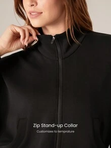 GLOWMODE Modal Soft Lapel High Collar Elastic Hem Long Sleeve Jacket With Side Pockets Daily Casual - Black - View 3