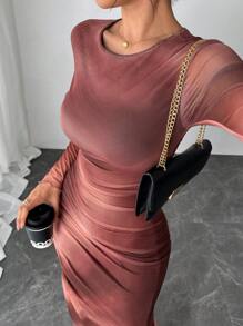 Rafferiza Đầm dự tiệc cổ tròn nhuộm họa tiết nhún bèo thanh lịch cho nữ, trang phục Maxi đa năng cho mọi mùa - màu nâu - Xem 5